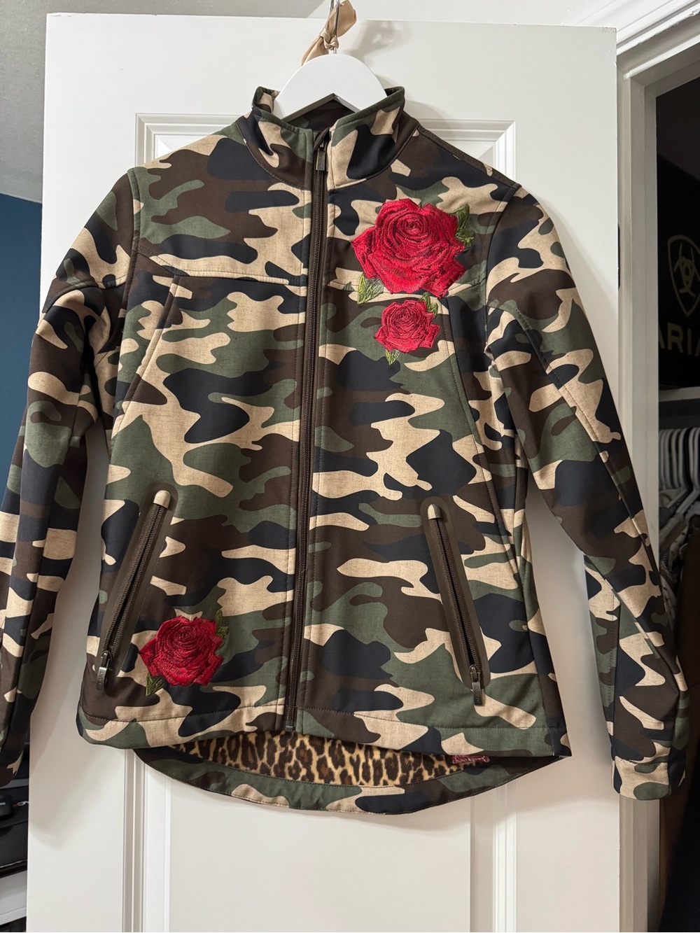 Camo Soft Shell Jacket with Red Rose Embroidery